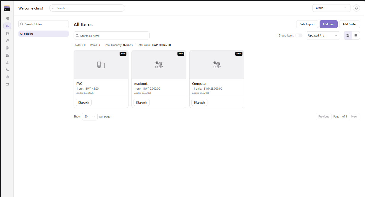 MyVentry inventory showing stock items with unit counts, values and a hand-out action on each