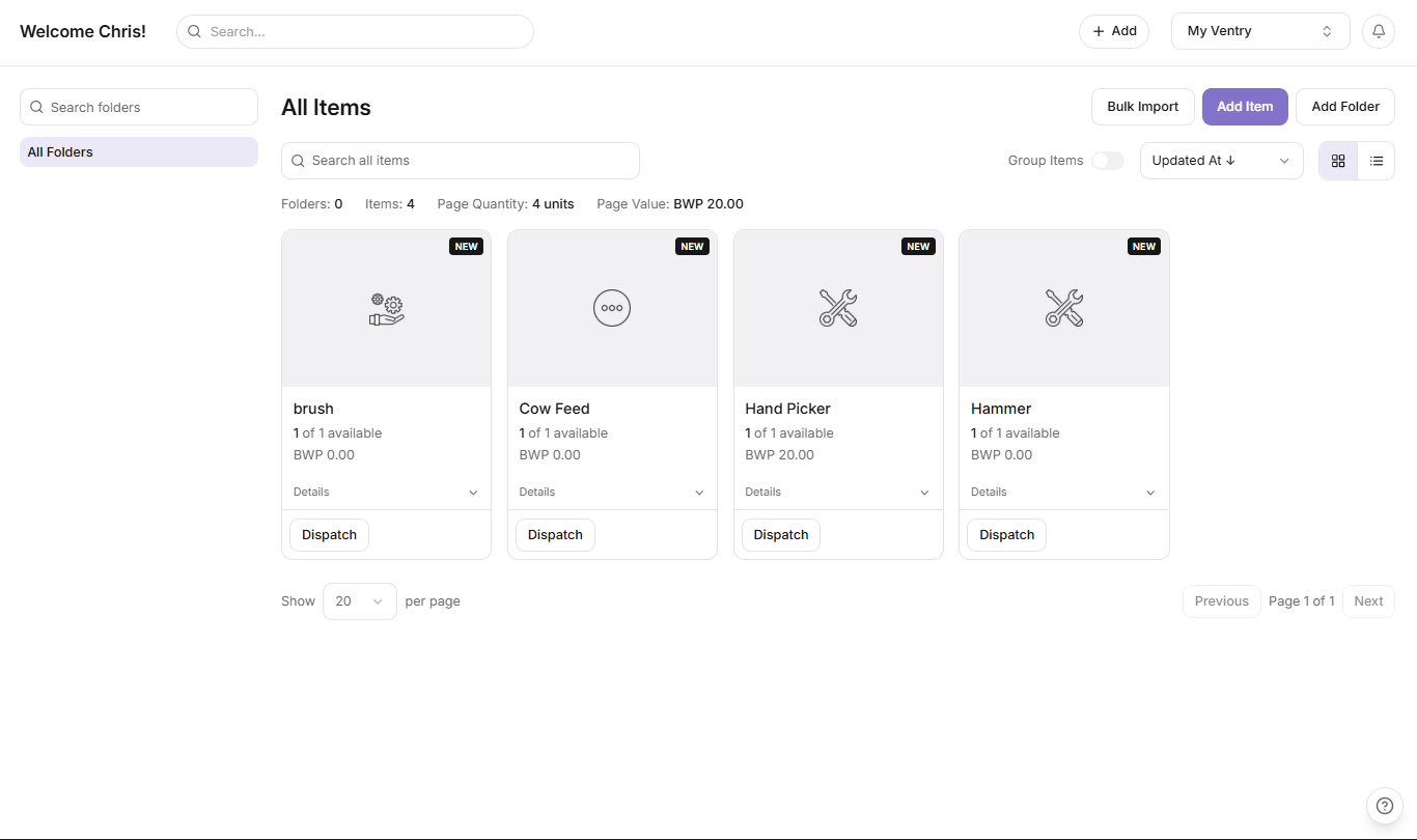 MyVentry inventory showing item quantities, categories and locations