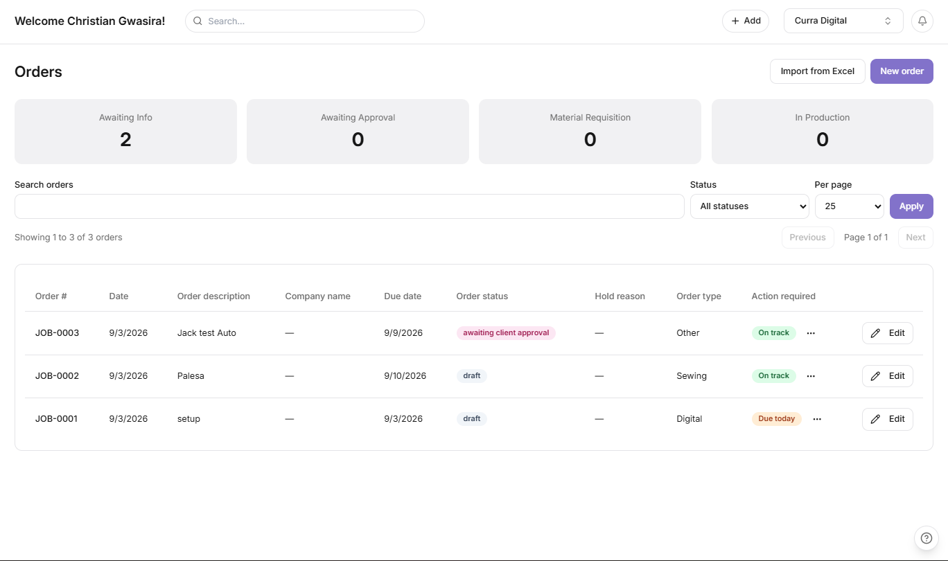 MyVentry orders list showing job status and due dates