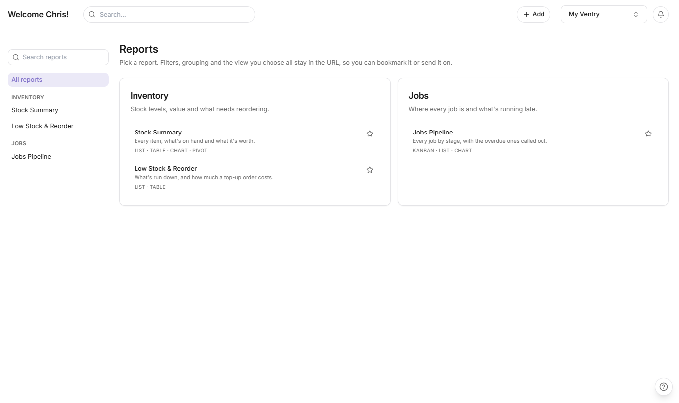 MyVentry reports centre showing operational reporting options